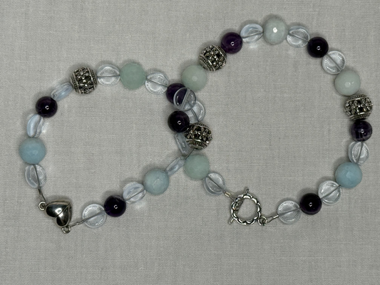 Mommy and Me Matching Set, Dogtooth Amethyst and Aquamarine Gemstone Bracelet Set