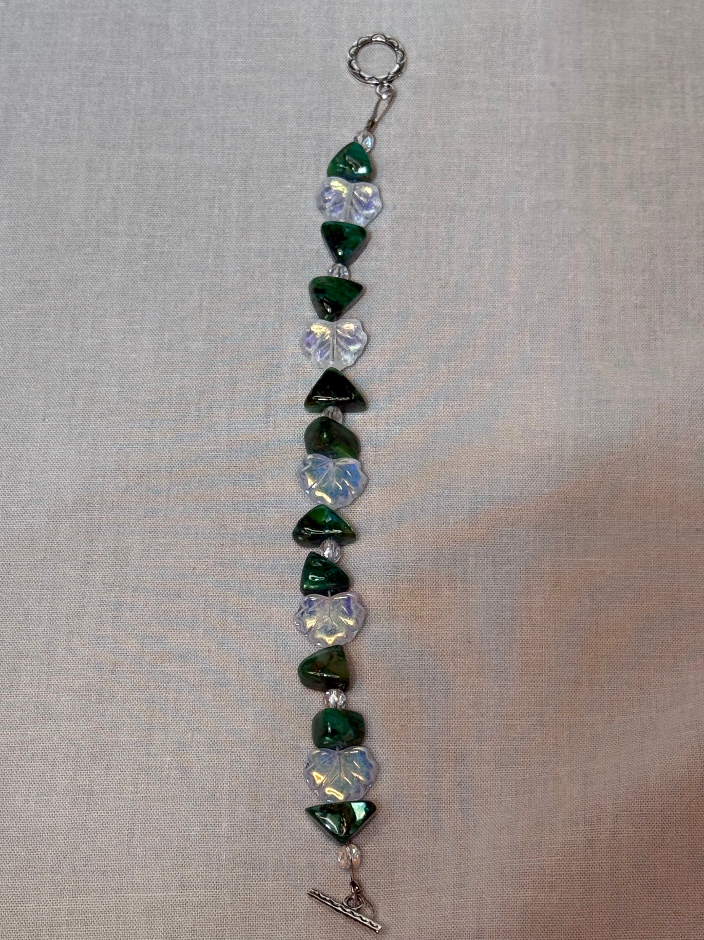 Bracelet -- Czech Glass Irredescent Leaf and Emerald Green Nugget Gemstones Bracelet