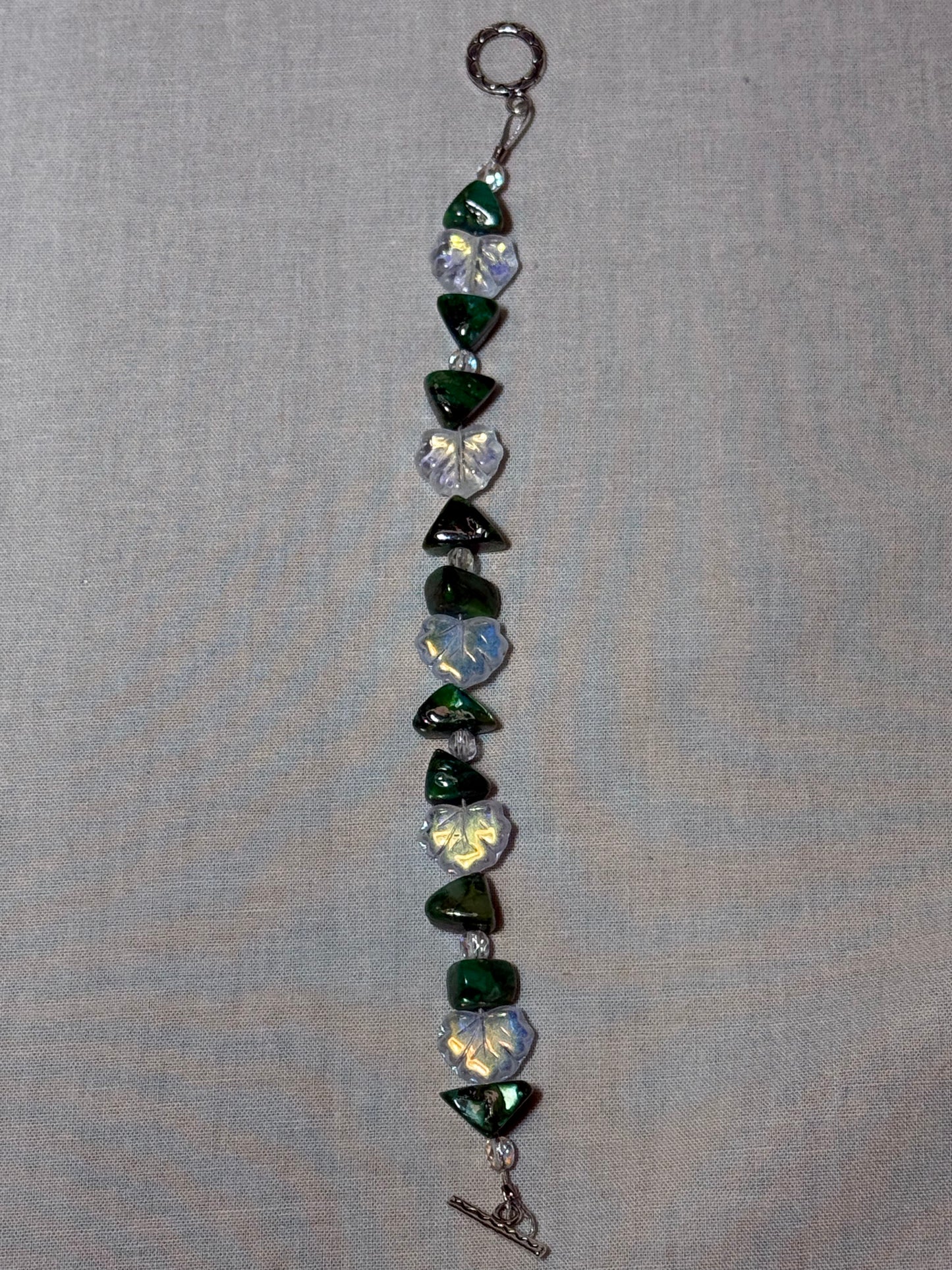 Bracelet -- Czech Glass Irredescent Leaf and Emerald Green Nugget Gemstones Bracelet